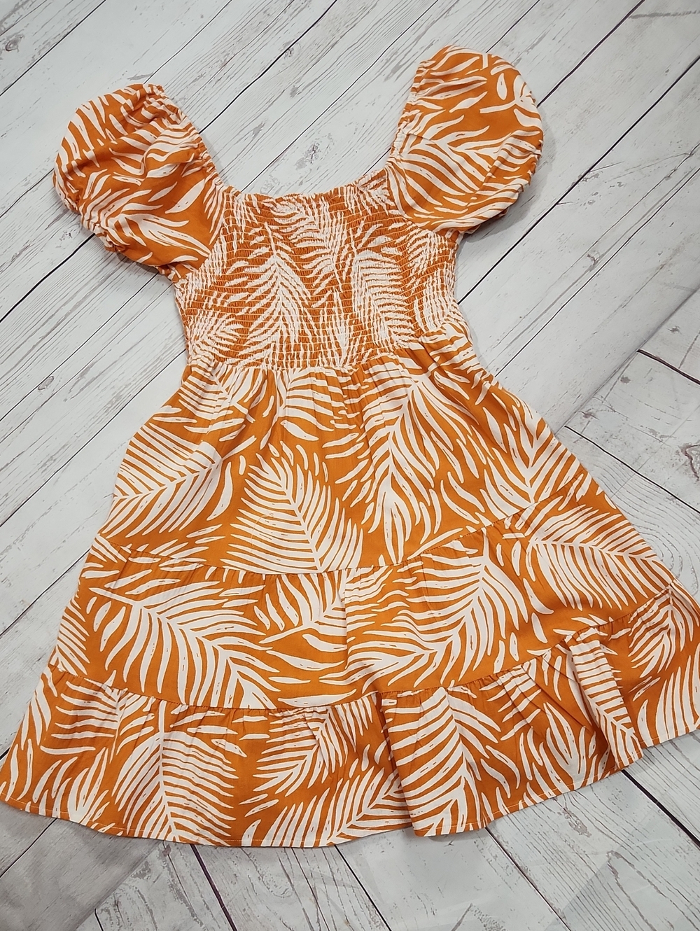 Smocked Puff-Sleeve Midi Dress in Orange Leaf Print